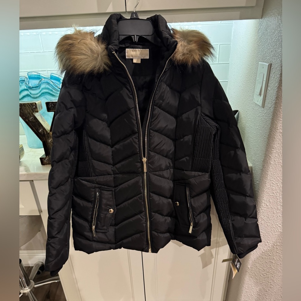 MICHAEL Michael Kors Black Puffer Jacket with Faux Fur Hood
